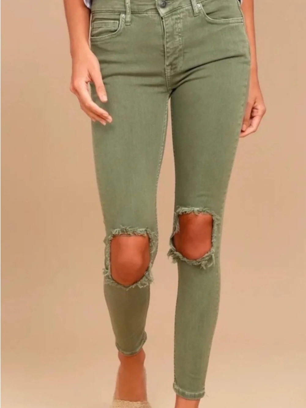 Free People Olive Green Distressed High-Rise Skinny Jeans